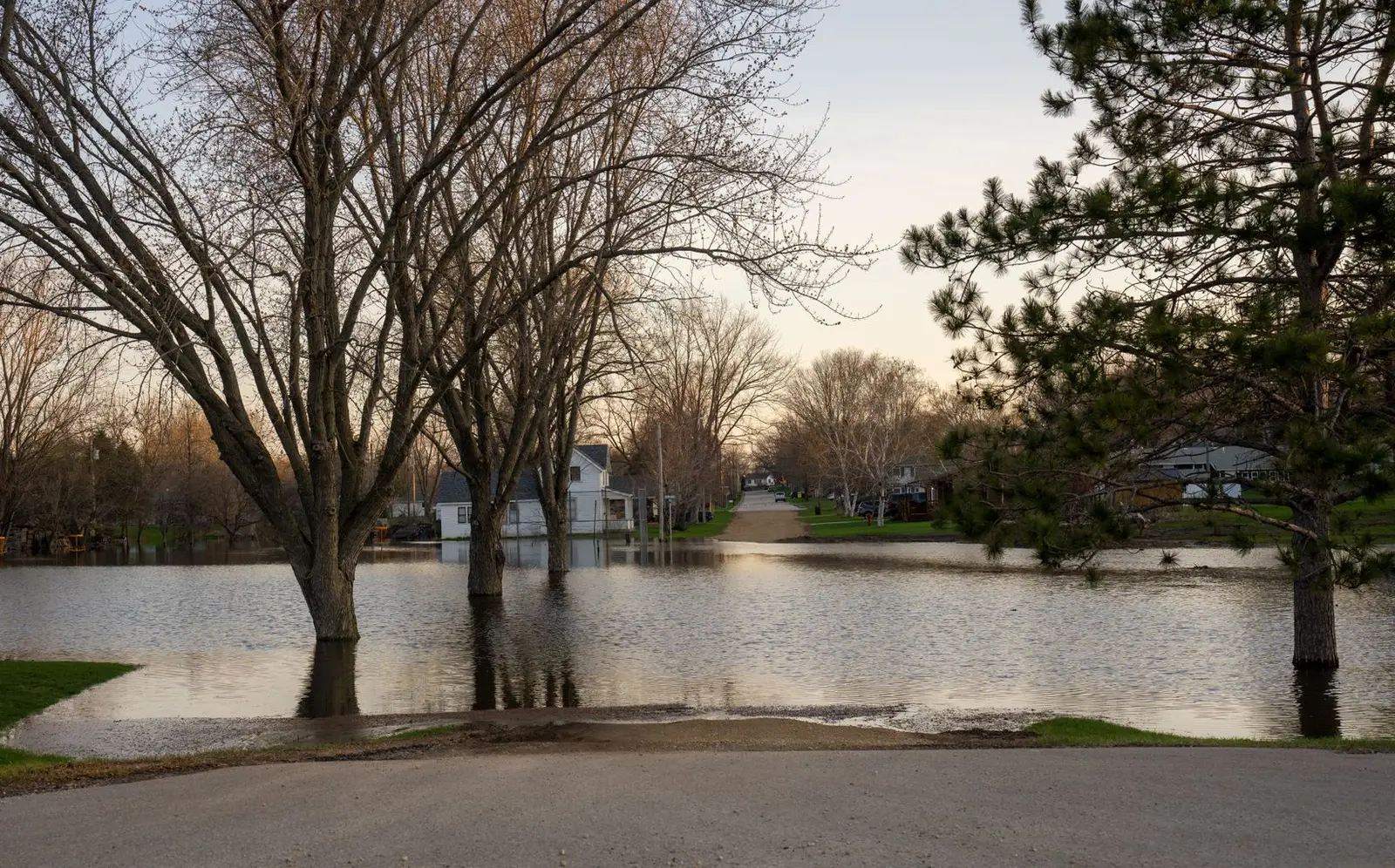 Floodwater covering the end of a residential street with houses in the distance