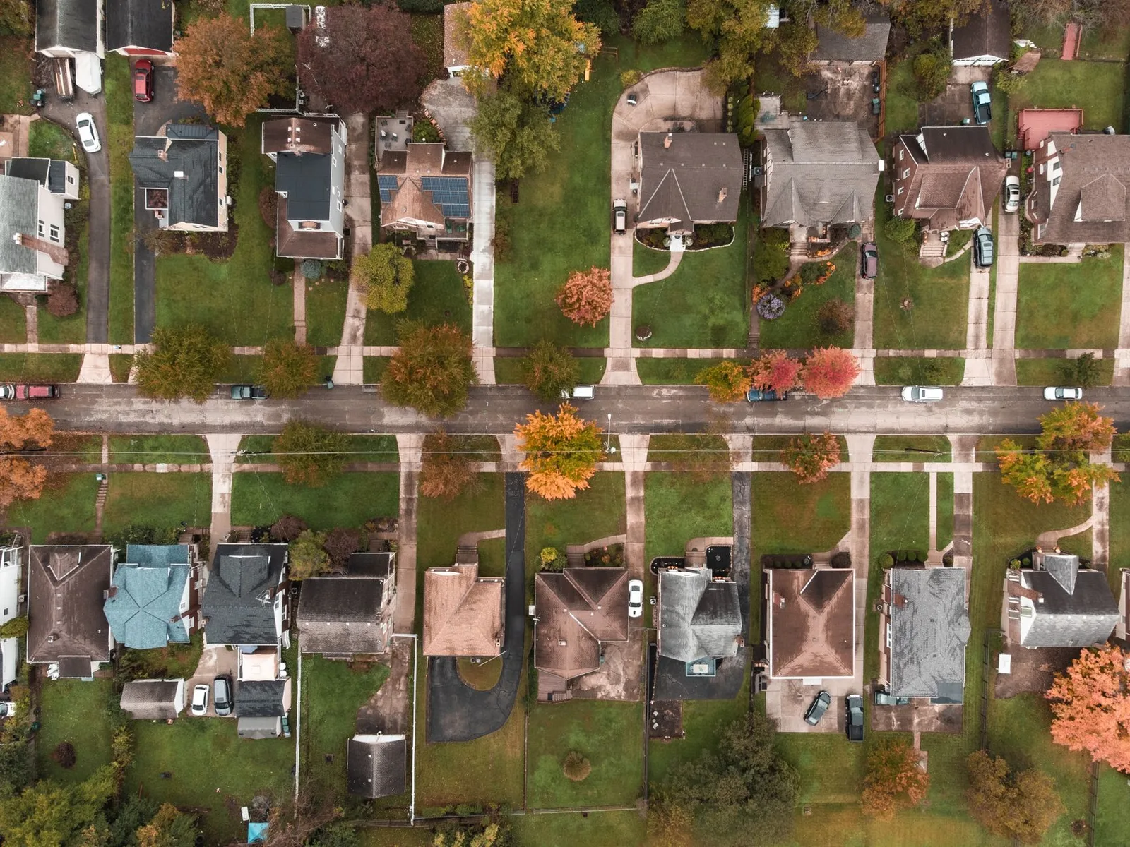 Aerial view of a street of single-family homes with driveways and trees turning orange in fall